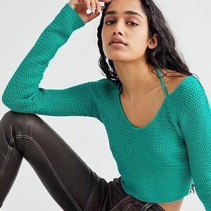 Free People Beach Crochet Halter‎ Cropped Sweater Size Small Green